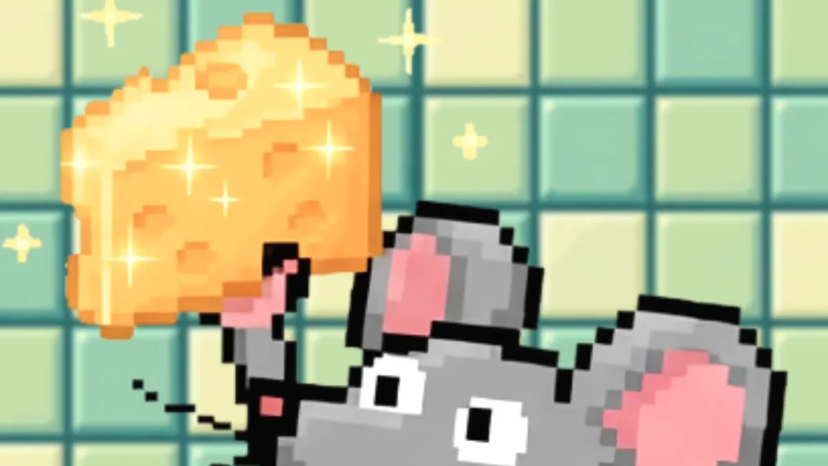Tampilan visual retro 8-bit dari game slot Cheese Chase dengan karakter tikus di dapur